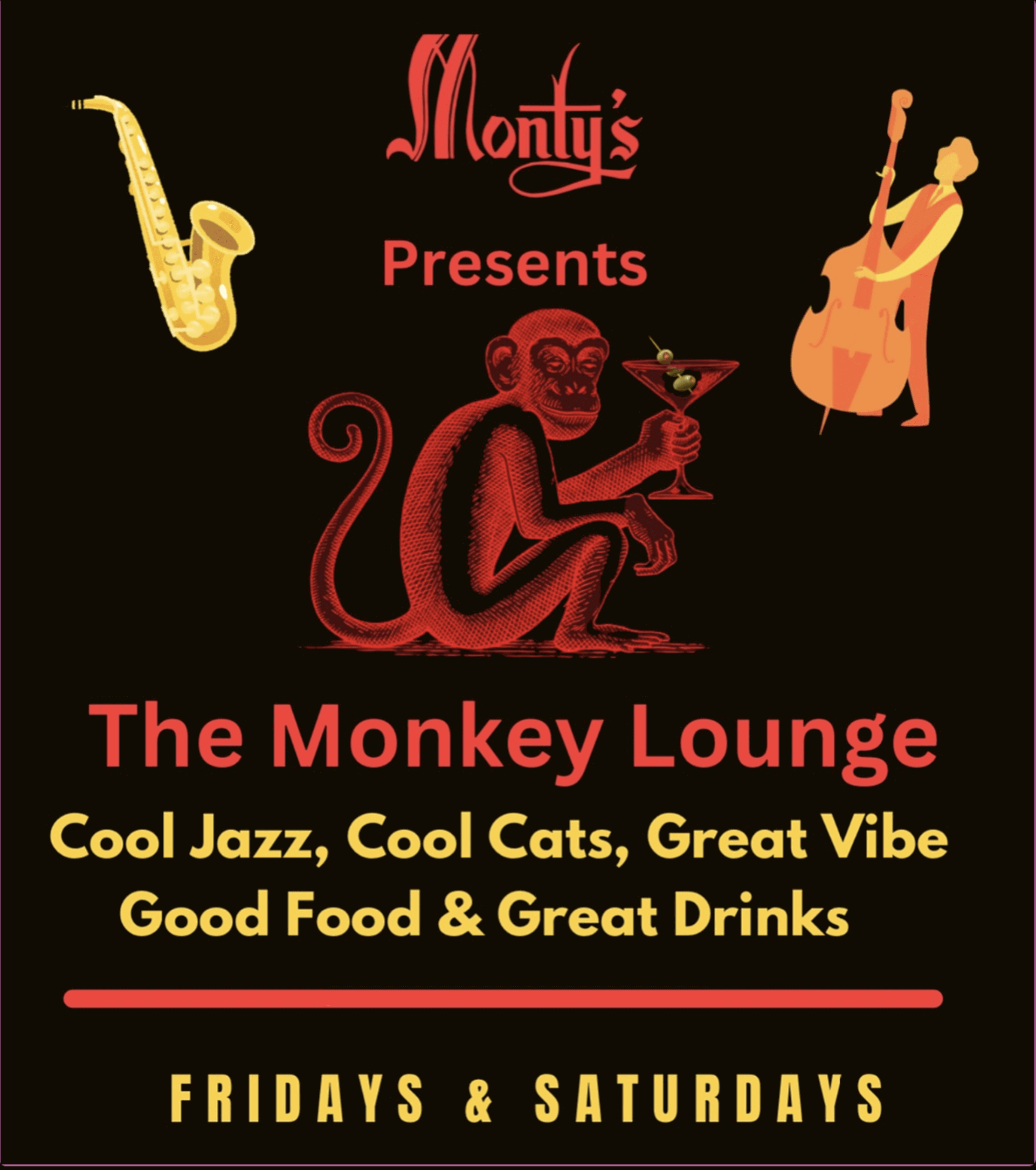 Jazz lounge poster with monkey and instruments.